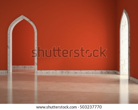 Interior of empty room with red wall 3D illustration