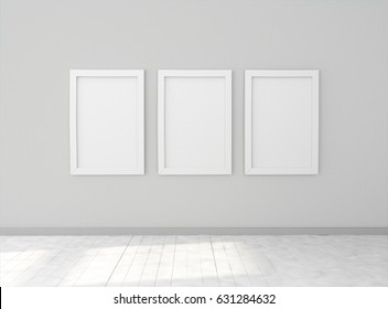 Interior Empty Room With Three Empty White Picture Frames On Dark Wall. Mock-up Template For Display, Products, Title Or Logo. Studio Or Blank Office Space. 3d Illustration