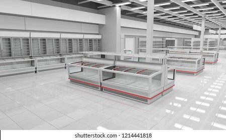 Interior Empty Supermarket With  Showcases And Freezer Bonnet. 3d Image