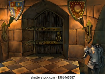Interior of a fabulous medieval castle, entrance door, torches, knight's armor