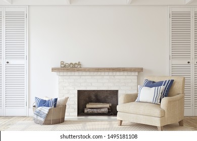 Interior With Fireplace In Coastal Style. Interior Mockup. 3d Render.