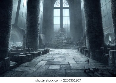 Interior Of A Fortress, The Main Hall Of A Castle With Stone Floors, Tall Windows And Pillars. Stairs Leading To The Throne. Inside Of A Historic Medieval Fortification Wallpaper Background Artwork.