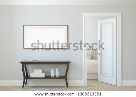 Interior and frame mockup. Console table near beige wall. Horizontal frame on the wall. 3d render.
