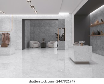 Interior of a front desk of fashionable clothing boutique full of an assortment packed boxes of bags and accessories on display, white wall and floor, flower green vase, hanging lamp. 3D Rendering