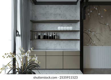 Interior of a front desk of fashionable clothing boutique full of an assortment packed boxes of bags and accessories on display, ceramic floor, flower green vase, hanging lamp. Mockup. 3D Rendering