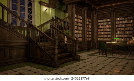 Interior of an gothic styled library in the evening. 3D rendering.
