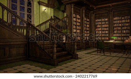 Interior of an gothic styled library in the evening. 3D rendering.