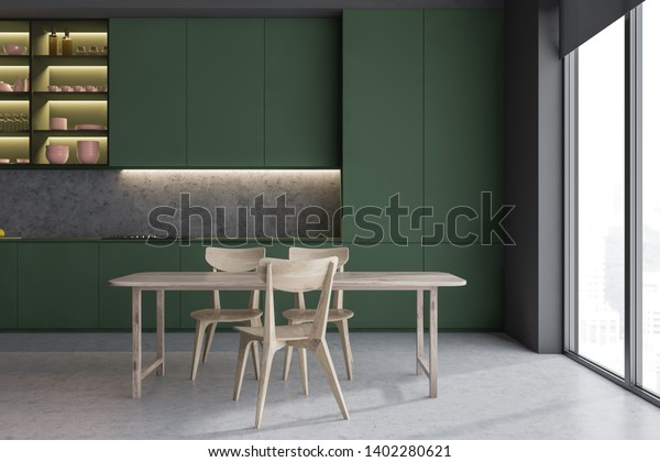 Interior Gray Kitchen Concrete Floor Green Stock Illustration