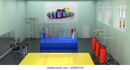 The interior of the hall with a boxing ring. 3D illustration