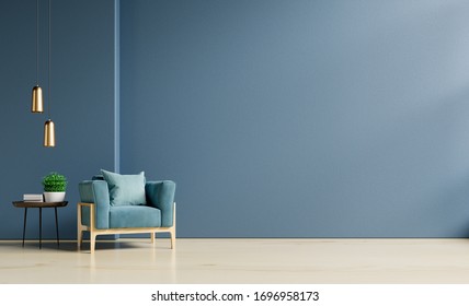 The Interior Has A Armchair On Empty Dark Blue Wall Background,3D Rendering