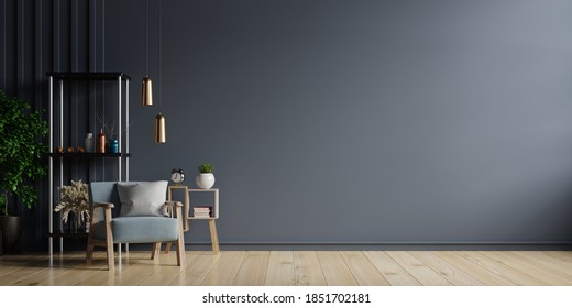 The Interior Has A Armchair On Empty Dark Wall Background,3D Rendering