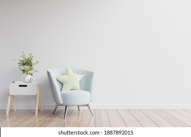En el interior hay un sillón con fondo blanco vacío en la pared, representación 3D