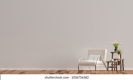 The interior has a Cream sofa on empty wall background, 3D rendering