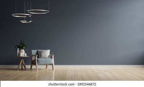 The Interior Has A Dark Blue Armchair On Empty Dark Wall Background,3D Rendering