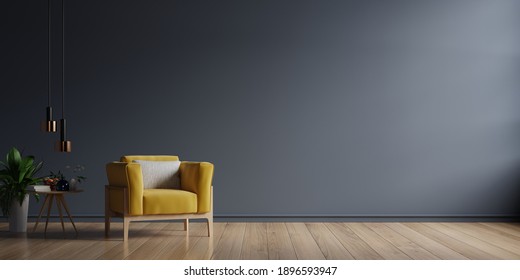 The Interior Has A Yellow Armchair On Empty Dark Wall Background,3D Rendering