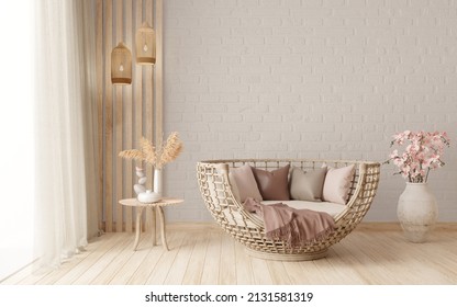 Interior Home Boho Style, Living Room In White Tone And Rattan Chair.3d Rendering