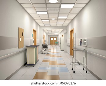 Inneres des Krankenhauskorridors. 3D-Abbildung