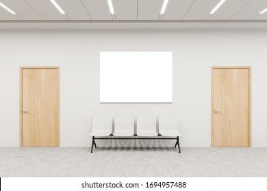 Interior Of Hospital Corridor With White Walls, Concrete Floor, Wooden Doors And Chairs For Visitors With Horizontal Mock Up Poster Above Them. Concept Of Healthcare. 3d Rendering