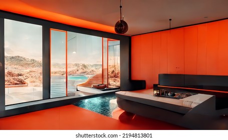 Interior Of A House With Futuristic Architecture And Technology, Sober Design, Orange