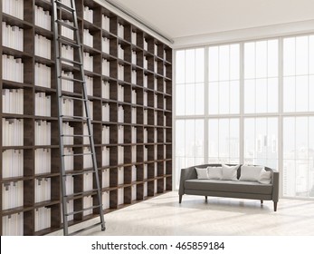 Interior Of House Library In Modern Apartment In New York. Long Bookshelves, Ladder And Sofa With Pillows. Concept Of Reading In Comfort Of Your Home. 3d Rendering.