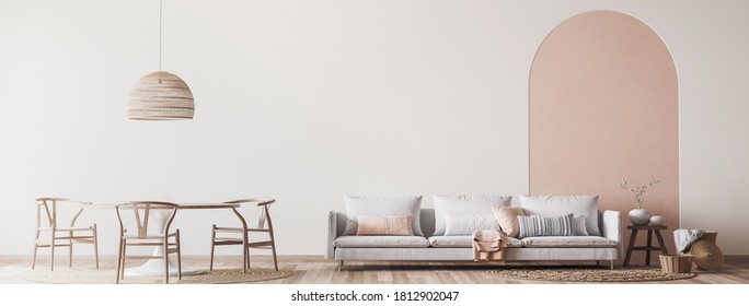 interior house with simple white background mockup. White sofa and natural wooden furniture. modern space panorama, 3d render, 3d illustration