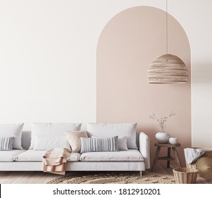 Interior House With Simple White Background Mockup. White Sofa And Natural Wooden Furniture. Modern Space, 3d Render, 3d Illustration