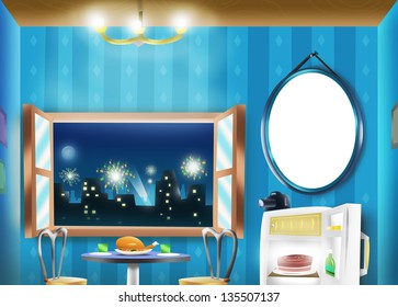 Interior of house with window overlooking a skyline with fireworks.