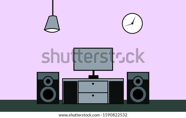 interior illustration of a television
watching room in a flat style with purple
walls