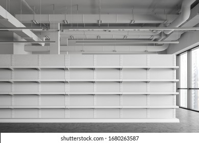 Interior of industrial style supermarket or warehouse with white empty shelves and concrete floor. Concept of consumerism and storage. 3d rendering
