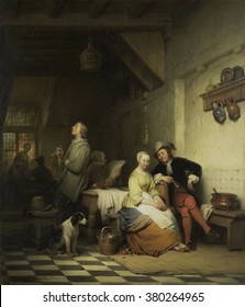 Interior of an Inn, with Figures in 17th Century Costume, by Ferdinand De Braekeleer, 1848, Dutch painting, oil on panel. A young man courts an woman, another smokes a pipe, and an old lady reads a ne
