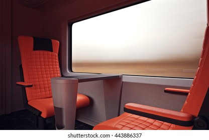 Interior Inside First Class Cabin Modern Speed Express Train.Nobody Red Chairs Window.Comfort Seats And Table Business Travel. 3D Rendering.High Textured Row Materials. Motion Blurred Background