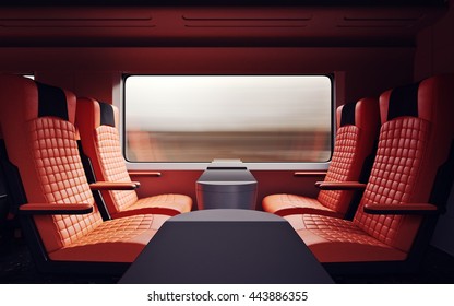 Interior Inside First Class Cabin Modern Speed Express Train.Nobody Red Chairs Window.Comfortable Seat And Table Business Travel. 3D Rendering.High Textured Row Materials. Motion Blurred Background