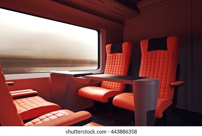 Interior Inside First Class Cabin Modern Speed Express Train.Nobody Red Chairs Window.Comfortable Seats And Table Business Travel. 3D Rendering.High Textured Row Materials. Motion Blur Background