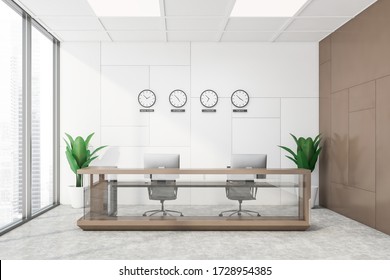 Interior of international company office with white and brown walls, concrete floor, brown and glass reception desk and time zone clocks. 3d rendering