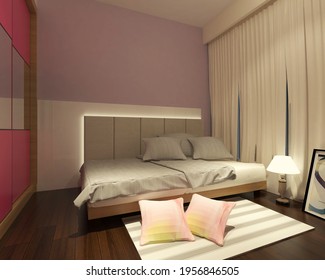 Interior Kids Bedroom Design In Shabby Chic Style. Using Simple Bed With Headboard Cushion And Parquet Flooring. 3d Rendering, 3d Illustration. 