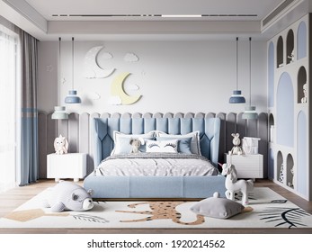Interior Kids Bedroom Wallpaper Mockup - 3d Rendering, 3d Illustration
