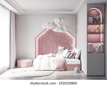 Interior Kids Bedroom Wallpaper Mockup - 3d Rendering, 3d Illustration