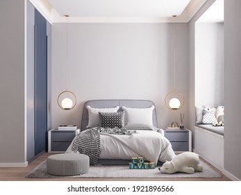 Interior Kids Bedroom Wallpaper Mockup - 3d Rendering, 3d Illustration