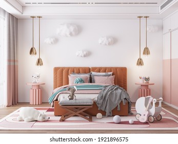 Interior Kids Bedroom Wallpaper Mockup - 3d Rendering, 3d Illustration