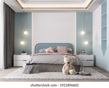 Interior Kids Bedroom Wallpaper Mockup - 3d Rendering, 3d Illustration