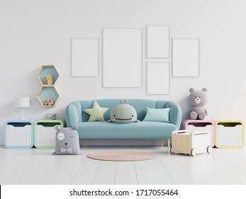 Interior Kids Room Wallpaper/Mockup Posters In Child Room Interior,3d Rendering