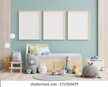 Interior Kids Room Wallpaper/Mockup Posters In Child Room Interior,3d Rendering