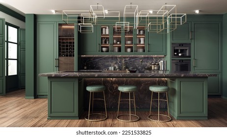 The interior of the kitchen was designed as a combination of classic modern and glamour styles. Dark green decorative fronts of cabinets harmonize with black marble and golden details. 3d illustration