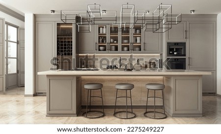 The interior of the kitchen was designed as a combination of classic, modern and glamour styles. Grey decorative fronts of cabinets and kitchen island harmonize with stone and blac details 3d render
