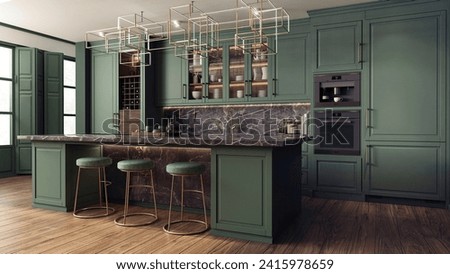 The interior of the kitchen was designed as a combination of classic modern and glamour styles. Dark green decorative fronts of cabinets harmonize with black marble and golden details. 3d illustration
