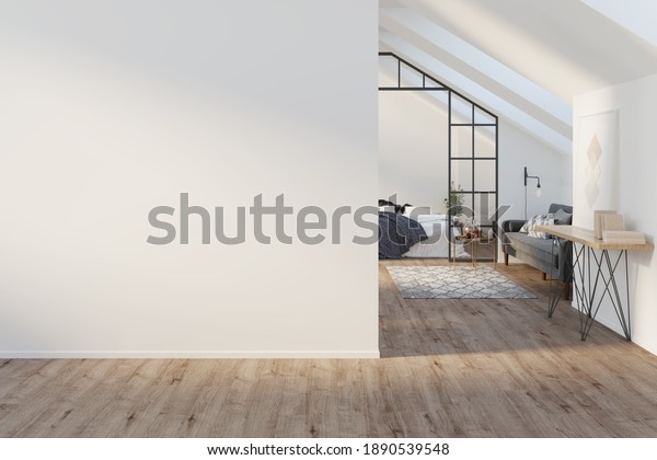Interior of a large light attic with a blank\
mockup wall, wooden floor. There is a painting with books on a\
sideboard, a gray modern sofa, a bed with a blanket in the\
background. Front view. 3d\
render