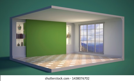 interior with large window. 3d illustration