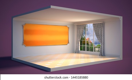 interior with large window. 3d illustration