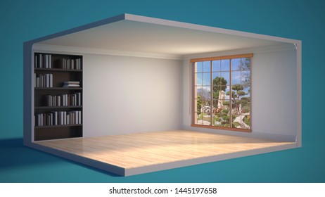 interior with large window. 3d illustration