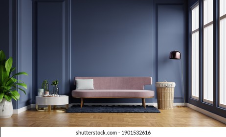 Interior of light room with sofa on empty dark blue wall background,3D rendering